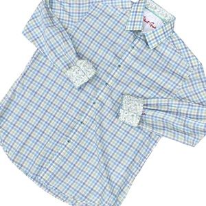 Robert Graham Pastel Blue Green & White Plaid Button Down Shirt Floral Large